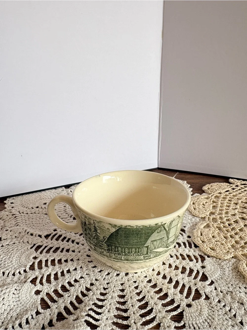 Vintage White Teacup with Green Country Themed Art